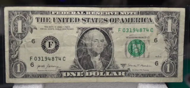 Error Note One Dollar Bill Ink Misprint, mismatched Black color Serial Number