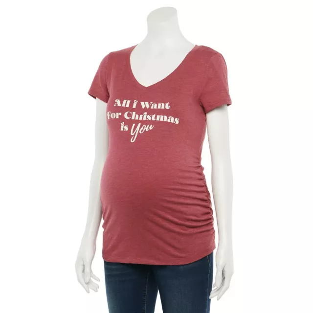 NWT Maternity Sz XXL All I Want For Christmas Is You Burgundy Tee Pregnant Baby