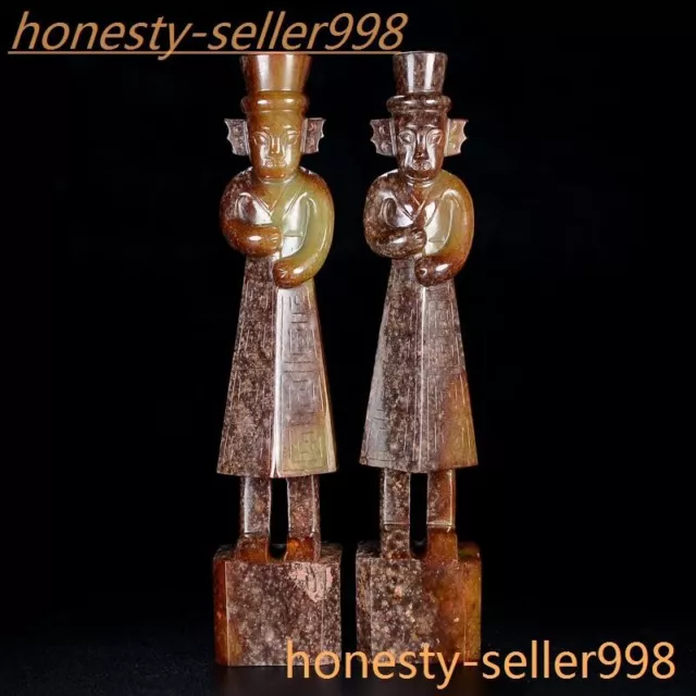 8'' China Sanxingdui Culture Hetian jade sacrifice Sanxingdui people statue pair