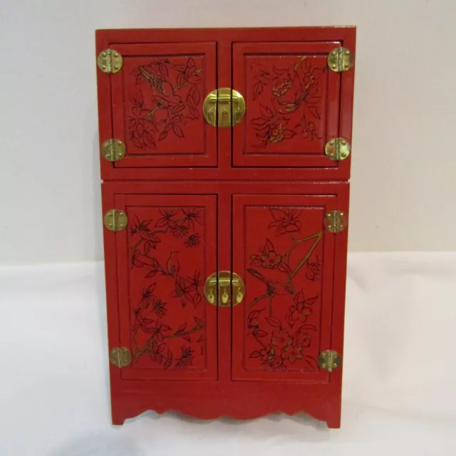 Red Lacquer Wooden Miniature Oriental Asian Dollhouse Cabinet Dresser Armoire
