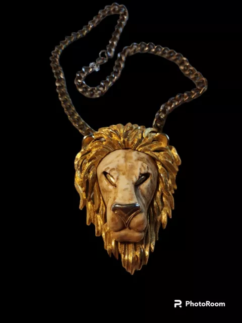 Vintage Luca Razza Large Lion Medallion Original Faux Thick Gold Chain Necklace