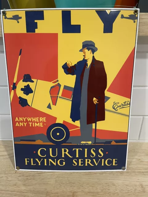 Ande Rooney’s Fly Curtiss Flying Service Anywhere Any Time Porcelain Enamel Sign