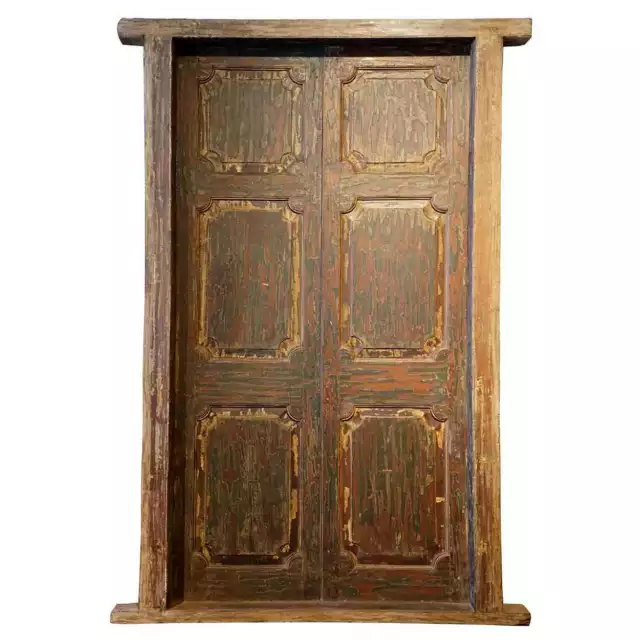 Large Antique Indian Painted Teak Paneled Double Door & Jamb 19th century