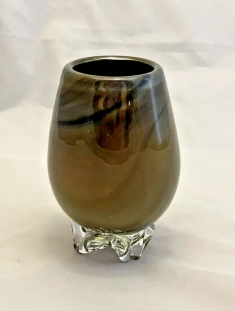 Art Glass Footed Vase, Hand Blown, 5" Gray Green, Vintage EUC