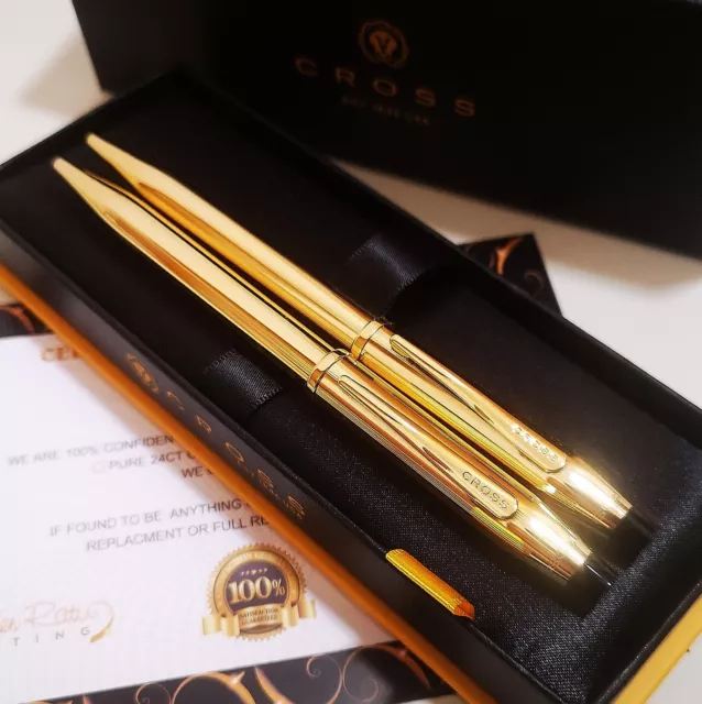 24k Gold Plated Shiny Cross Century Ballpoint Writing Pen Pencil Set Gift Box