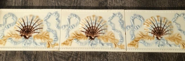 Antique Victorian Beaver Falls Art Tile Glazed Ceramic w/Scallop Seashell Ribbon 6