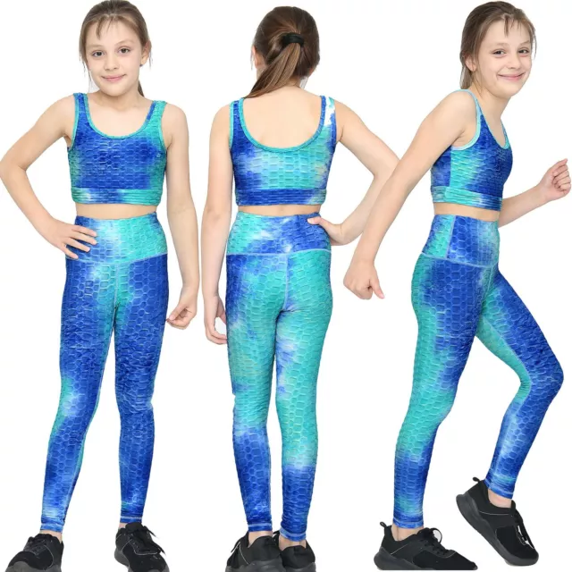 Girls Honeycomb Blue Leggings Crop Top Vest Dance Yoga Exercise High Waist Set