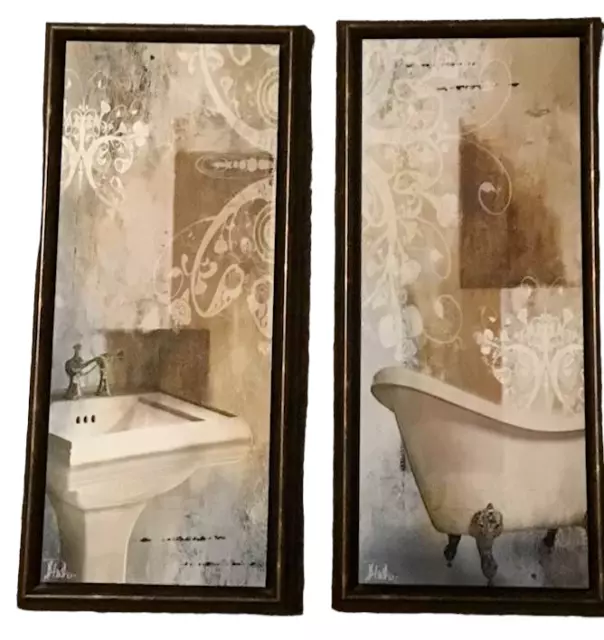 Patricia Pinto Bathroom Framed Print Sink Cast Iron Tub Brown Tones Gray Pair 2
