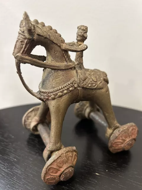 Antique Handmade Solid Brass Temple Toy - Horse w/ Rider on the Wheels India