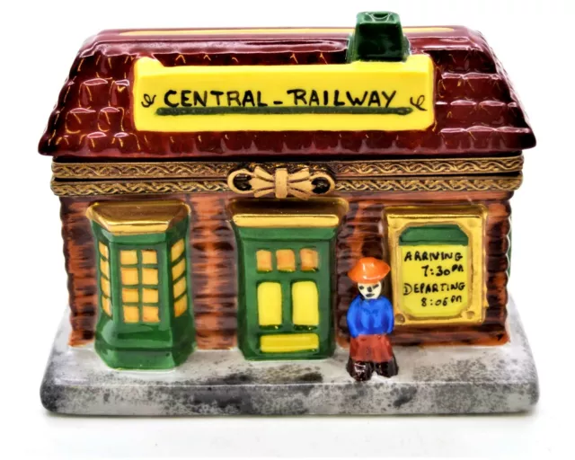 French Limoges Railway Station Platform Design Trinket Box. Hand Painted Enamel