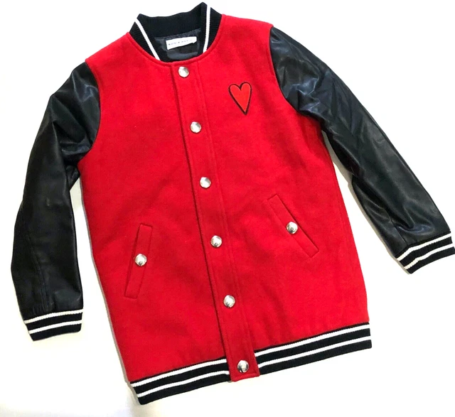 Sonia Rykiel Paris Red Snap Front Stadium Jacket Faux Leather Sleeves Girls 8