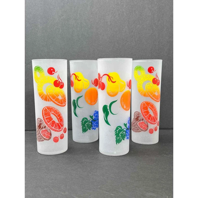 MCM Frosted Fruit Glasses Set 4 Tall Ice Tea Zombie Tom Collins Federal 50s Tiki