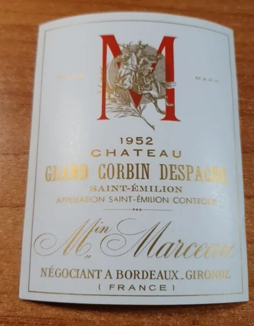 Etiquette de vin/ Wine Label GRAND CORBIN DESPAGNE 1952 (négoce) neuve