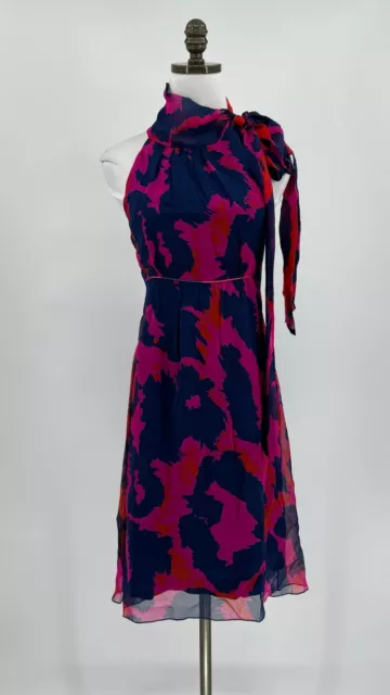 Diane von Furstenberg Womens Blue/Pink Chiffon Silk Halter Tie Neck Dress Sz 4