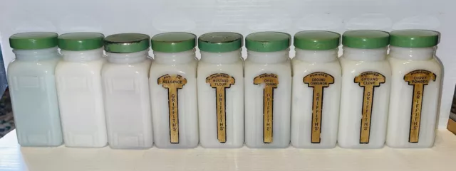 Vintage Art Deco Style ~ GRIFFITHS Milk Glass Spice Jars ~ Green Lids ~ Set of 9