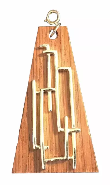 Sarah Coventry Modernist Brutalist Wood Gold Tone Necklace Pendant vintage 60s
