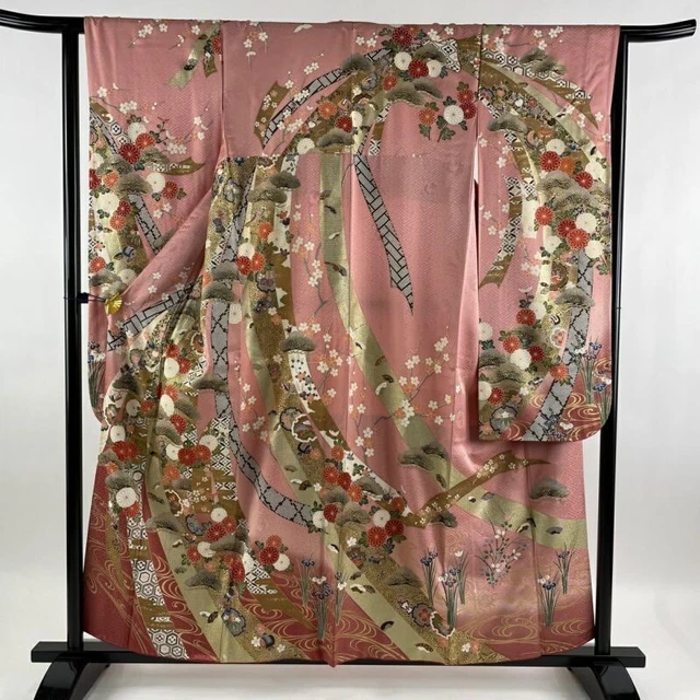 Woman Japanese Kimono Furisode Silk Noshi Pine Flower Gold Thread Foil Pink