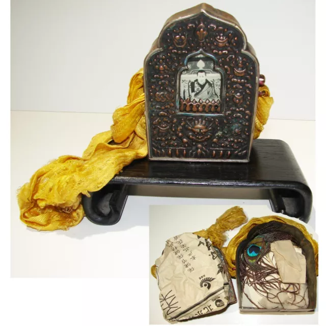 Antique Tibetan Buddhist Gau Copper Prayer Box w/original silk, inside contents