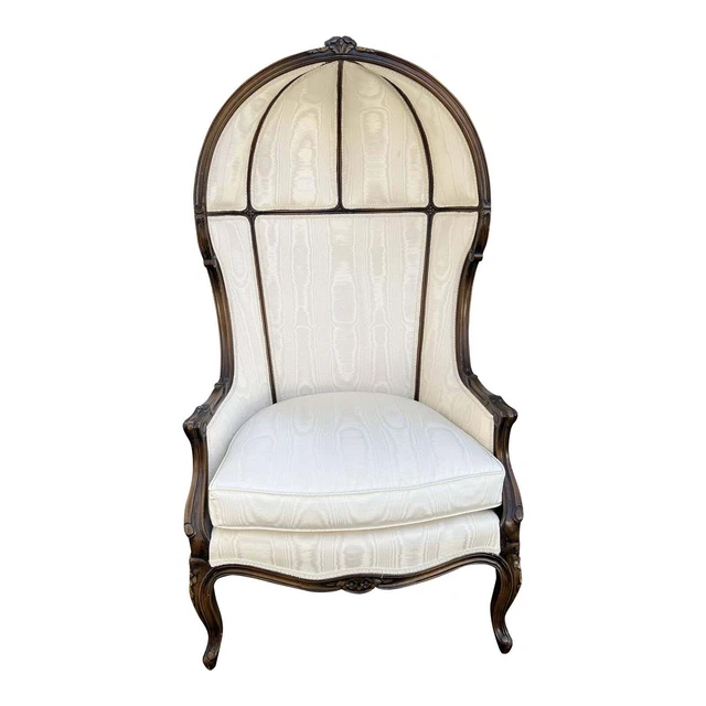 Vintage French White Louis XV Style Carved Walnut Hooded Porters Chair