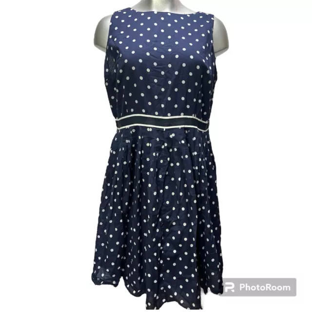 Talbots Womens Plus 22W Fit N Flare Dress Polka Dot Navy Blue Skater Pleated