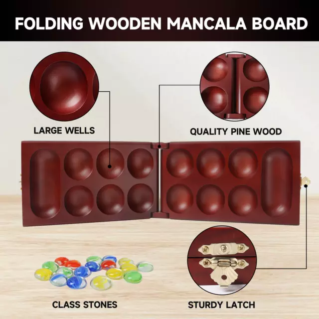 Classic Folding Mancala Board Game with Glass Beads/Stones. Family Strategy Game 2