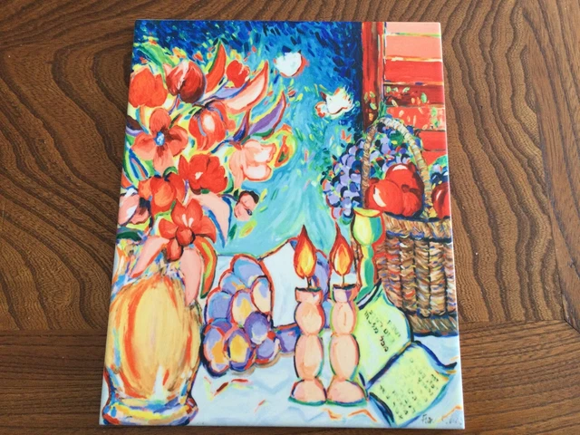 FIONA COLLINS Glazed Terra Cotta Wall Tile Trivet "Bringing in Shabbat" Print
