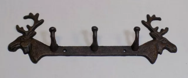 Moose Antelope Elk Figure Cabin Decor Cast Iron Wall Coat 3 Hook Rustic Design