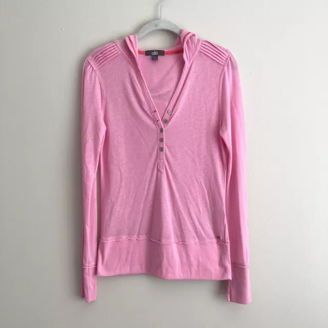 Alo Womens Pink Hooded Long Sleeve Shirt Size Small Pullover Henley Buttons