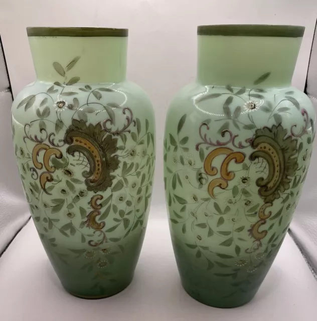 Victorian Bohemian Harrach Mantle Vases Circa 1800’s Opaline Uranium Set of 2