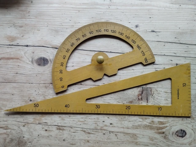 ÉQUERRE ET RAPPORTEUR D'école D'antan En Bois Essel 60 Et 35 Cm EUR 49 ...