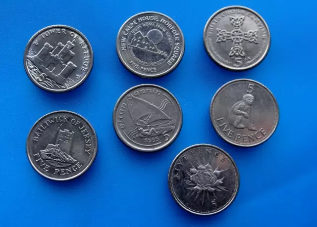 Isle of Man GIBRALTAR & Jersey 5 pence coins * British 5 p coin Sailing Monkey
