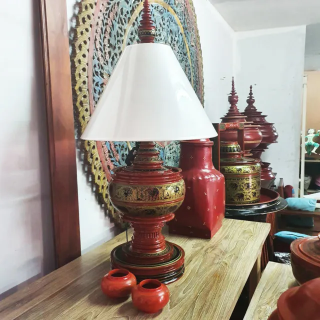 Lacquerware Lamp Myanmar Food Offering Traditional Stupa Shaped Hand Painted