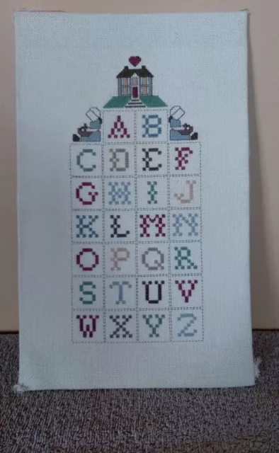 Vtg Alphabet Sampler Needlepoint Completed Girls W/Bonnets & Baskets House
