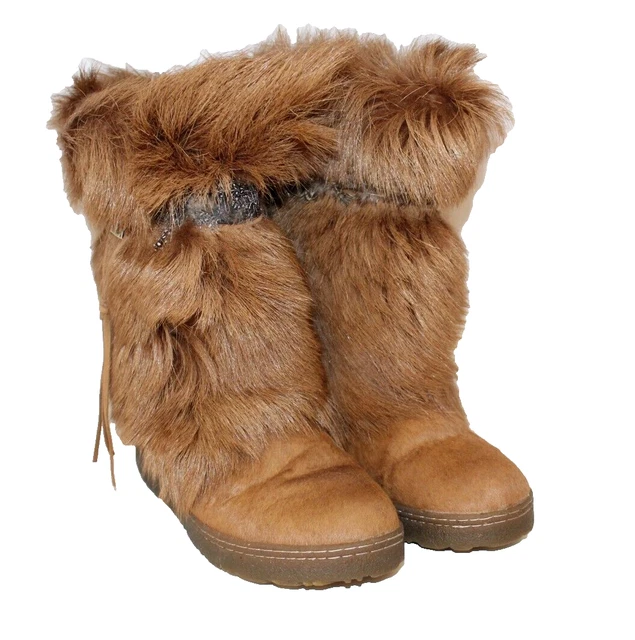 BearPaw Womens Boots Sz 11 KOLA Calf Sheep Skin Goat Fur Feathers Brown Mid-Calf