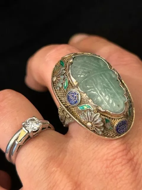 Antique Chinese silver jade enamel filigree ring 3