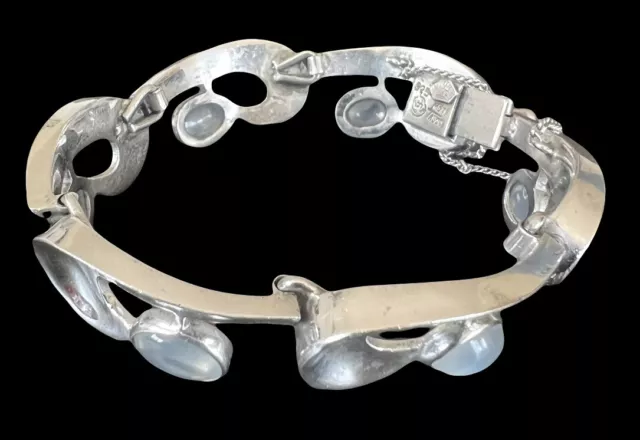Antonio Pineda Taxco Mexican 925 Silver Moonstone Wave Comma Link Bracelet 1950s