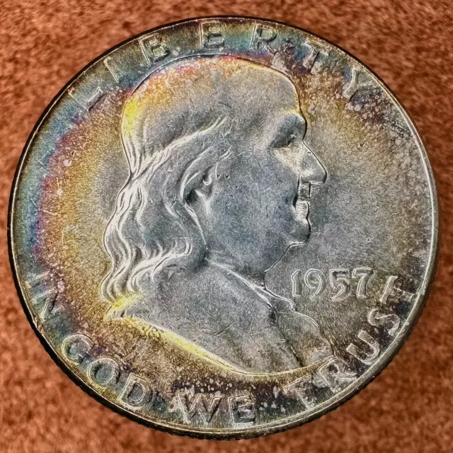 1957 50C Franklin Half Dollar With Beautiful Toning Rainbow