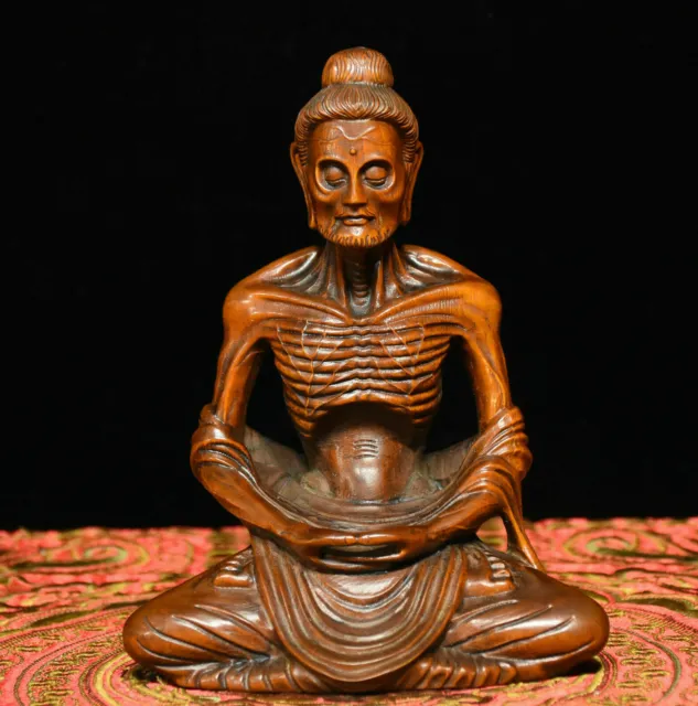 Chinese Buddhism Boxwood Wood Carving Skinny Arhat ascetic monk Buddha Statue