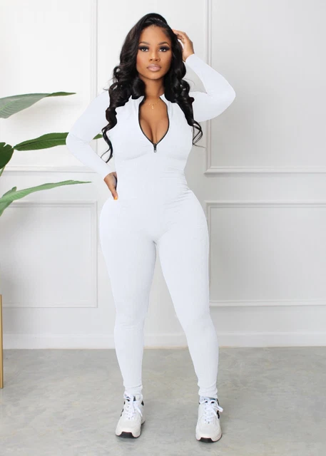 New white front zip full length jumpsuit lounge wear sport travel plus size 16