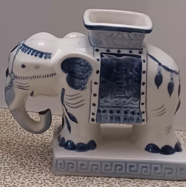 Vintage Blue & White Elephant Asian Vase Ceramic Chinoiserie made in Thailand