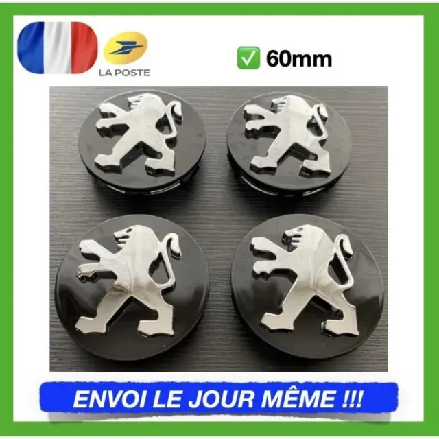 4 X LOGO EMBLÈME Insigne PEUGEOT 60 mm NOIR Cache moyeu jante Centre de roue