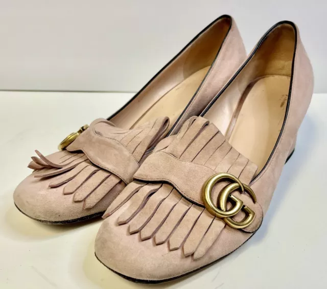 Gucci GG Marmont Shoes Fringe Pink Suede Pumps Loafers Size EU 39.5 US 9