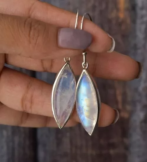 Moonstone Dangle Women Earring Handmade Solid 925 Silver Big Stone Earring MB274