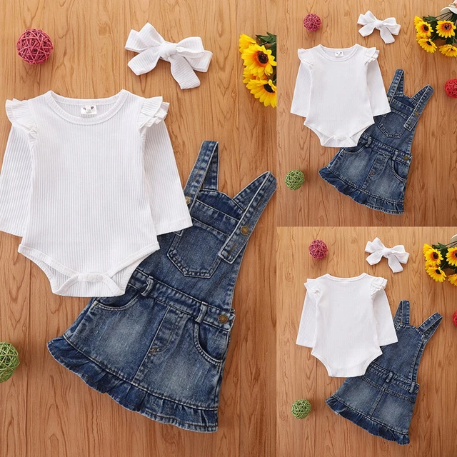3PCS Newborn Baby Girls Ribbed Ruffle Romper +Denim Dungaree Pants Headband Sets