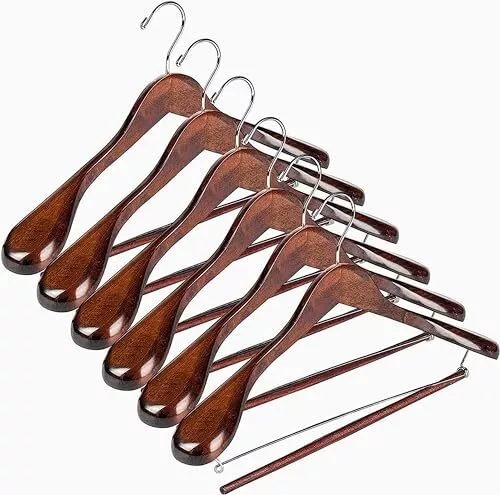 Wide Shoulder Wooden Hangers 6 Pack Non Slip Pants Bar, Smooth Finish Wood