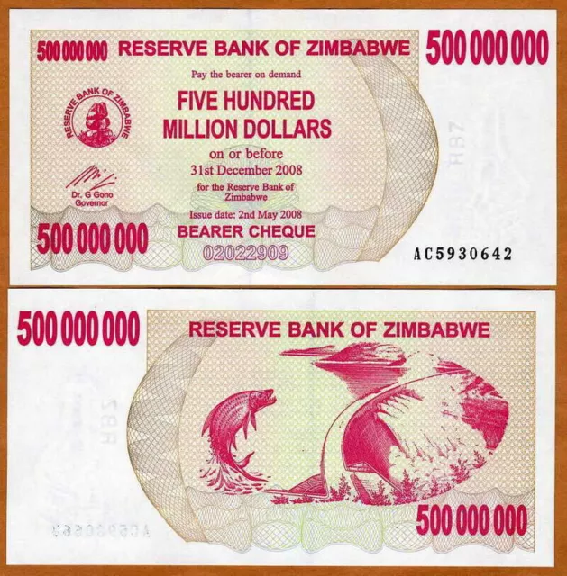 Zimbabwe Chèque au porteur de 500 millions de dollars 2008 UNC Non circulé...