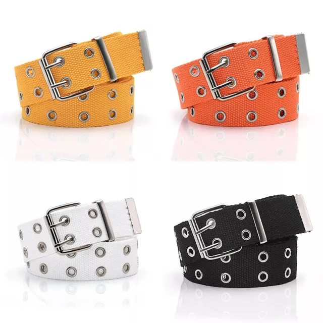 Women Men Waistband Canvas Double Holes Grommet 2-Row Studded Belt Strap Belts