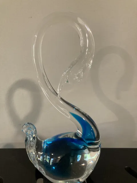 Murano Style Art Glass Swan Figurine Cobalt Blue, Clear Paperweight,Great Detail