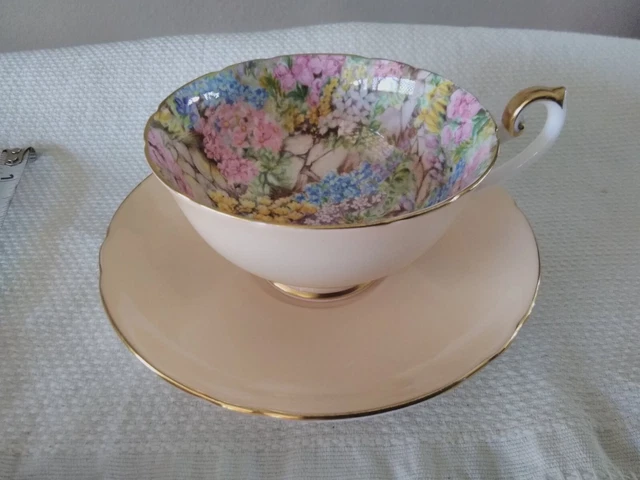 Vtg Shelley bone china Cup & Saucer, chintz, English rock garden interior of cup