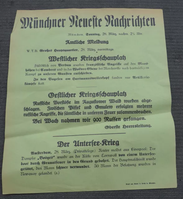 1. WK Plakat Tagesaufruf Aufmacher Münchner Zeitung Vogesen